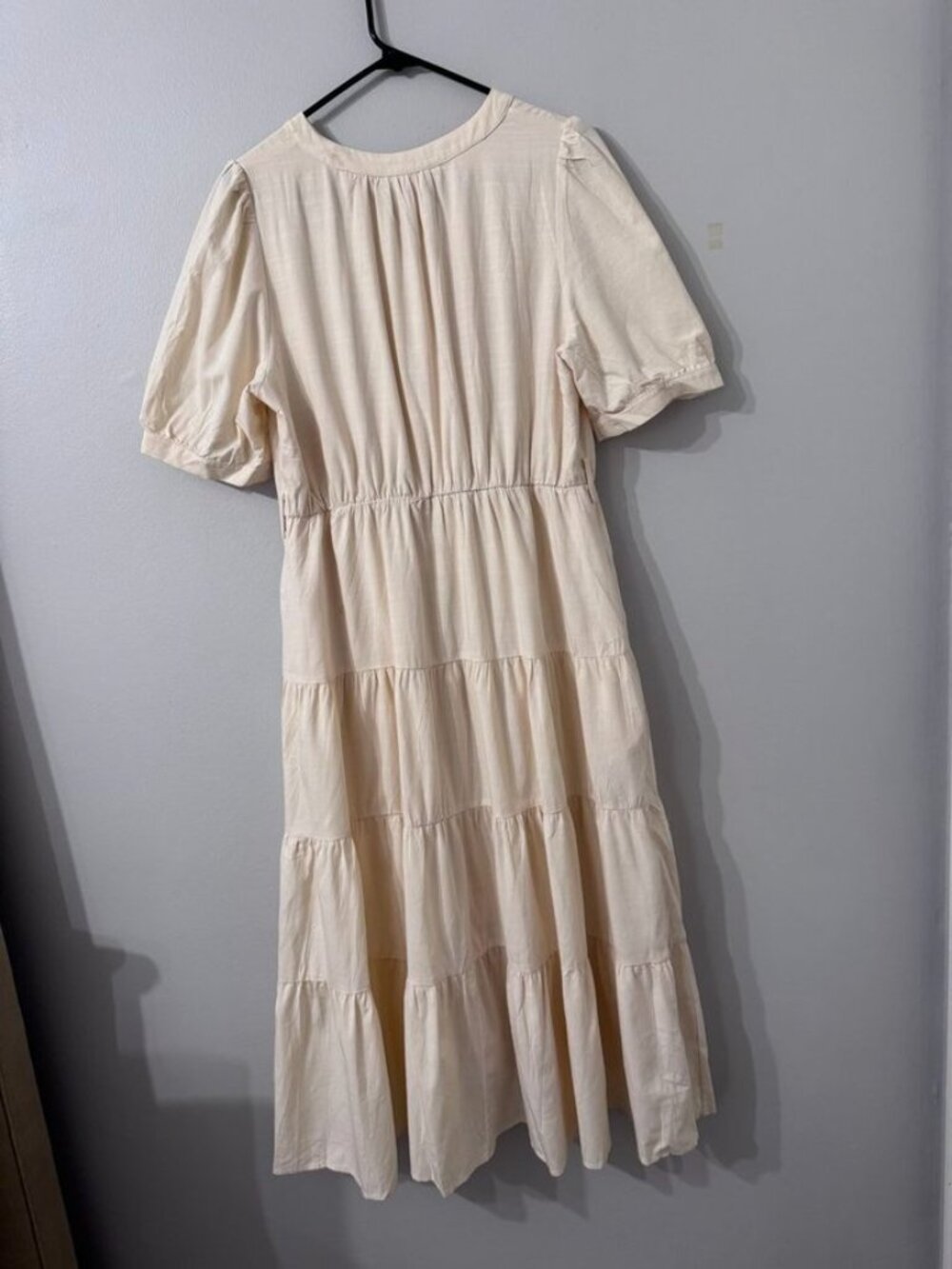PRETTYGARDEN Cream Tiered Midi Dress Puff Sleeve Button Front Boho Size LargeNWT - Picture 3 of 5